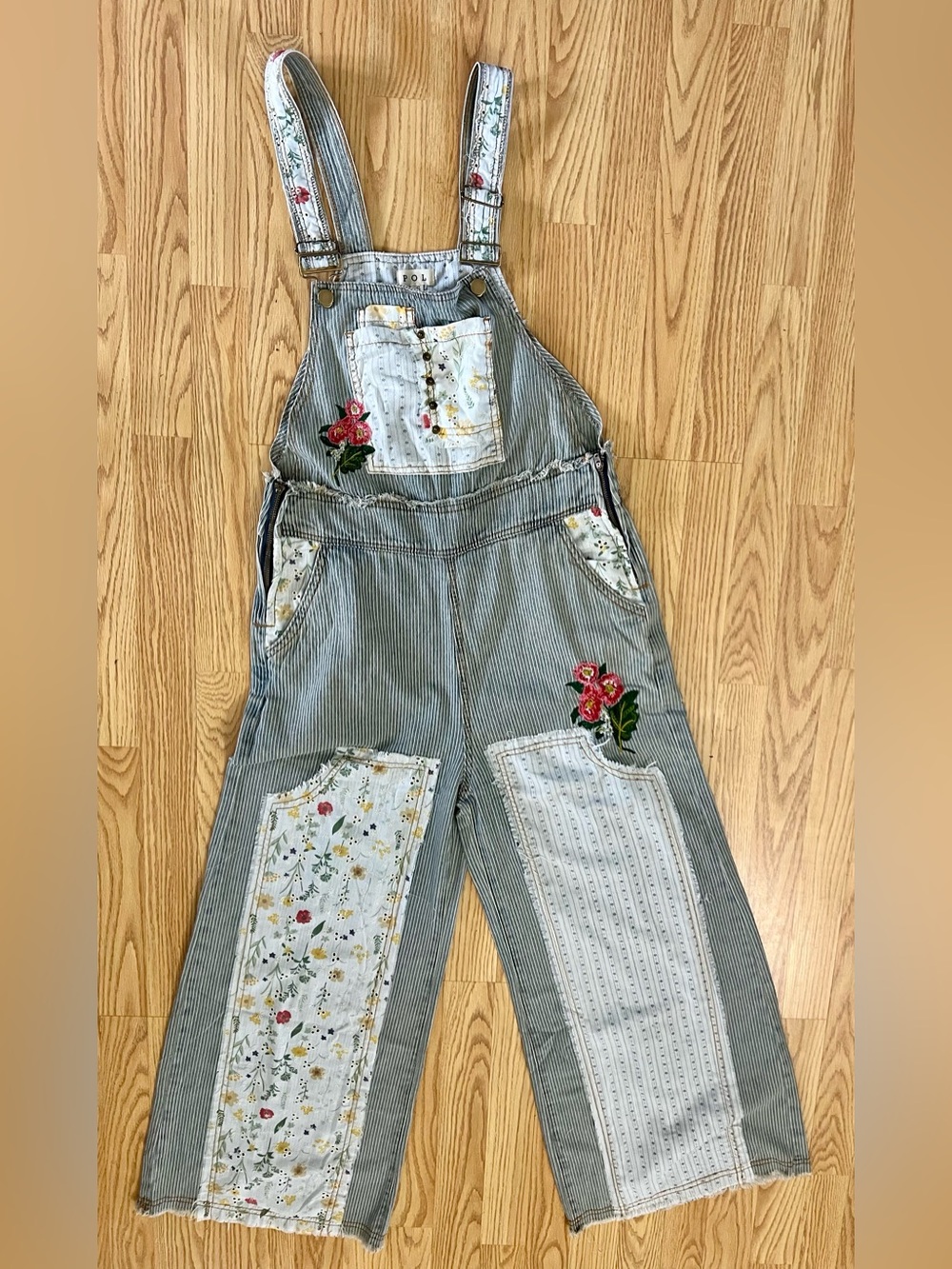 POL from Three Bird Nest Striped Denim Overalls with Floral Patches